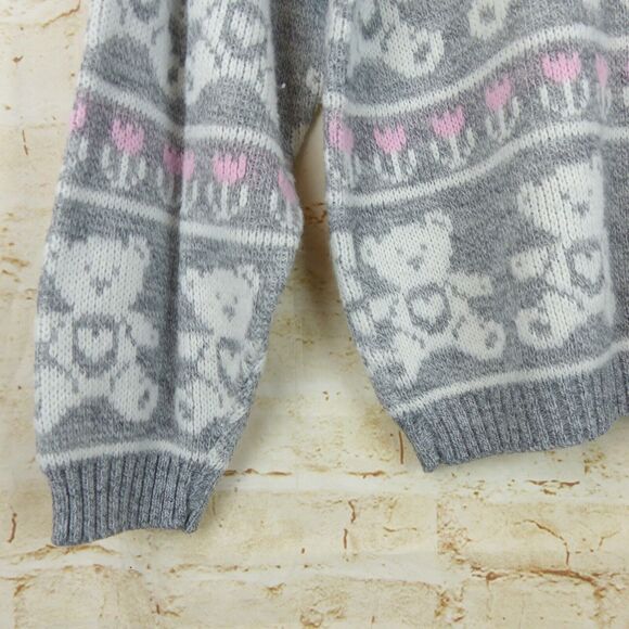 VTG 80s Adele Sweater Womens L Gray Pink Teddy Bears Floral Kidcore Kawaii USA - Picture 3 of 8
